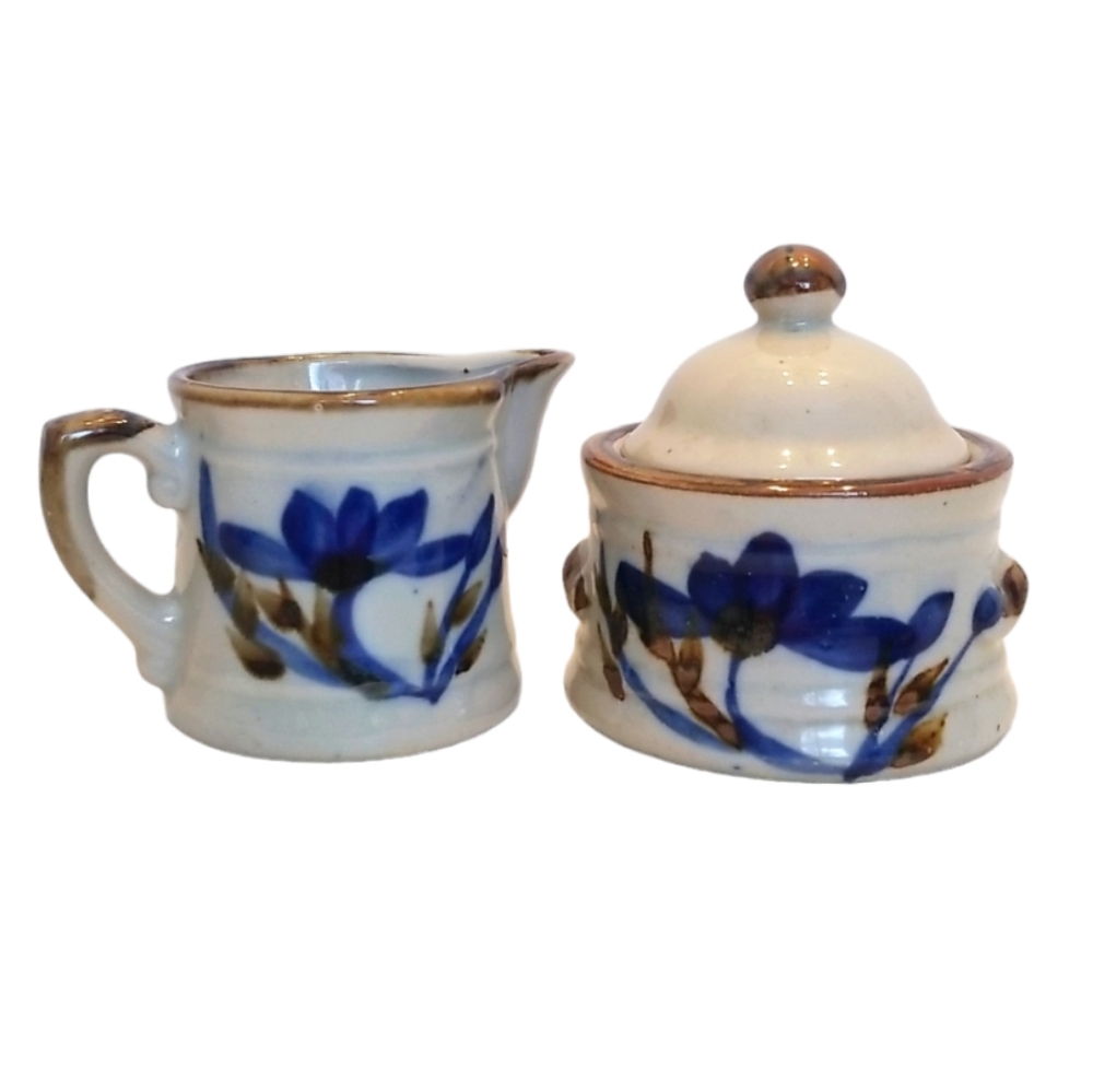 Vintage Handmade Stoneware Japanese Creamer + Sugar Bowl Blue Lotus Flower